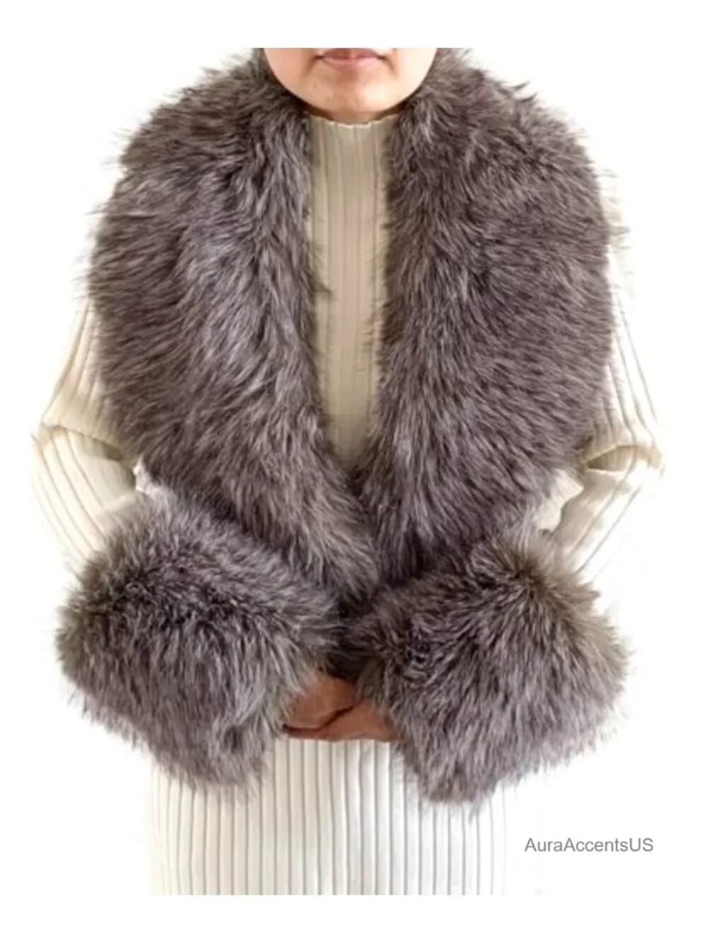 Faux Fur Scarf & Wrist Cuff Set - Fluffy Warm Winter Shawl